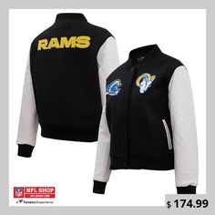 Celebrate your Los Angeles Rams pride with this Pro Standard Varsity Full-Snap Jacket. This midweight jacket features a quilted lining and heat-sealed Los Angeles Rams graphics, making it the perfect way to stay warm and show your team spirit on game day.  Whether you're at SoFi Stadium or watching from home, this jacket will keep you warm and stylish while you cheer on the Los Angeles Rams. Fleece Outerwear For Sports Events In Fall, Long Sleeve Fleece Outerwear For Sports Events, Collegiate Style Winter Fleece Outerwear, Sofi Stadium, Nfl Gear, Los Angeles Rams, Collar Top, Sports Gear, Online Retail