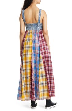 Head out to the music festival in a swingy plaid-and-denim sundress appliquéd with a bouclé smiley face to share your happy vibes. Square neck Adjustable snap straps Side-seam pockets Cotton lining 75% cotton, 23% polyester, 2% spandex with 65% cotton, 35% rayon  and 100% cotton contrast Hand wash, line dry Imported Beach Jewelry Diy, Denim Sundress, Dressed In Lala, Sundress Pattern, Idea Board, Happy Vibes, Recycle Clothes, Patchwork Dress, Refashion Clothes