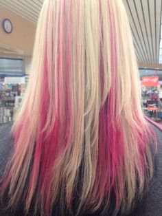 Hair by Joanna @ Regis Salon Lynnhaven Mall. Blonde top, black under with Magenta peek-a-boos Pink Peak A Boo Blonde Hair, Peak A Boo Blonde, Pink Peak A Boo, Rock Your Locks, Blonde Colors, Peak A Boo, Gothic Hair, Salon Hair Color, Hair Goal