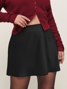 Let those legs out. Shop the Brandy Satin Skirt ES from Reformation, a mini-length skirt with an elasticated hem. Short Satin Skirt Outfit, Short Satin Skirt, Satin Skirt Outfit, Silk Mini Skirt, High Rise Skirt, Sheer Tights, Satin Skirt, Black Mini Skirt, Mens Activewear