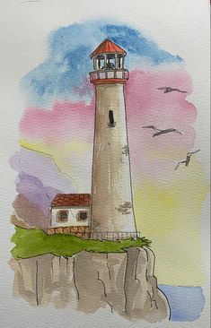 a drawing of a lighthouse on top of a cliff with seagulls flying around