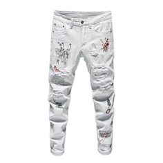 Introducing our 2023 Spring-Summer Collection's printed men's ripped jeans. a timeless Y2K fashion statement for the modern man!Why You'll Love ItA perfect combination of style and comfort. these jeans are tailored for the fashion conscious man. With its slim fit. mid-waist. zipper and button closure. and stretchy fabric. you can move with ease while still looking effortlessly stylish!Distinctive Features: Y2K Inspired: Show off your love for the millennium's iconic fashion trends with these rip White Graphic Print Jeans For Streetwear, Ripped Pants For Summer Streetwear, Urban Distressed White Jeans, White Urban Jeans For Summer, Jeans Men Fashion, Trendy Embroidery, Rock Style Clothing, White Jeans Men, College Boys