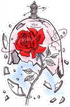 a drawing of a red rose in a glass dome