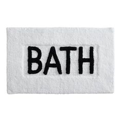 a bath mat with the word bath written on it in black and white letters,