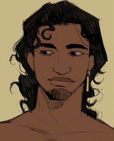 a drawing of a man with long hair and earrings on his head, looking at the camera