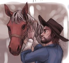 a drawing of a man holding a horse's head and wearing a cowboy hat