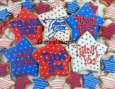 decorated cookies in the shape of stars and stripes with thank you written on each cookie