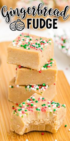 gingerbread fudge with sprinkles on a cutting board and text overlay