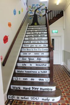 School DIY project. Motivational quotes. Stairs' steps painting Stair Quotes, Deco Violet, Stair Art, School Hall, مشروعات العلوم, Work Hard Stay Humble, School Hallways