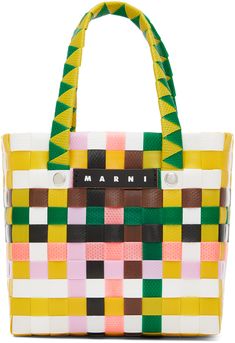 Basket-woven plastic tote in multicolor. · Fixed carry handles · Leather logo patch at face · Rivets at face and back face · Unlined · H5.5 x W5.75 x D3.5 · Total height: H9.75 Supplier color: Multicolor Multicolor Travel Bag With Logo, Casual Multicolor Recyclable Bag, Multicolor Plastic Bag For Everyday Use, Multicolor Plastic Travel Bag, Multicolor Plastic Bags For Everyday Use, Multicolor Plastic Bags For Daily Use, Basket Woven, Basket Tote, Leather Logo