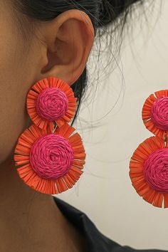 Resort style handwoven floral earrings are perfect for adding a pop of color to any outfit, perfect for everyday wear throughout the day, surprise your friends and family with these unique earrings. Orange Earrings For Spring Beach Outing, Bohemian Flower Earrings For Beach Spring, Handmade Flower Earrings For Spring Vacation, Bohemian Spring Flower Earrings For Beach, Spring Bohemian Flower Earrings For Beach, Summer Party Woven Earrings, Vibrant Beach Earrings, Handmade Bohemian Flower Earrings For Vacation, Bohemian Flower Earrings For Summer Vacation