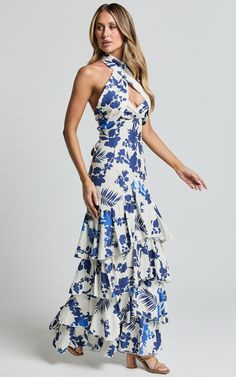 Talia Maxi Dress - Halter Neck Layered Dress in Blue and White Print Fitted Blue Floral Print Halter Dress, Blue Floral Print Halter Dress, Spring Blue Floral Print Halter Dress, Blue Halter Dress For Spring Garden Party, Blue Floral Print Halter Dress For Vacation, Elegant Floral Print Halter Dress For Beach, Blue Halter Neck Dress For Brunch, Blue Halter Neck Dress For Garden Party, Blue Floral Print Halter Neck Dress