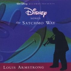 the silhouette of a man holding a trumpet in front of a blue background with disney songs