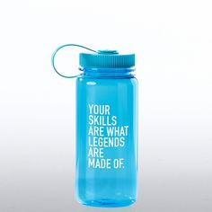 a blue water bottle with the words your skills are what legendos are made of