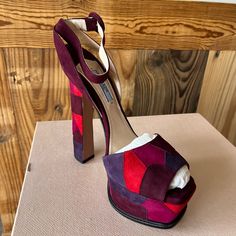 New With Tags Prada Platform Heels - Size 39, Brand New Condition, Comes With Box And Dust Bag Designer Open Heel Purple Heels, Designer Purple Open Heel Heels, Prada Platform Heels, Prada Shoes, Chunky Heel, Platform Heels, Chunky Heels, Shoes Women Heels, Pink Purple