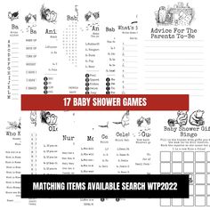 the baby shower game is shown in black and white, with red lettering on it