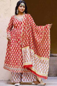 Buy Red Hand Blocked Angrakha Suit With Palazzo And Chanderi Dupatta.#womenlongkurti#kurtidesignslatest #girlslongkurti #anarkalikurti#suitset#kuetaset#dupattaset Angrakha Suit, Palazzo Kurta, Kurta Sets For Women, Kurti With Palazzo, Printed Palazzo Pants, Anarkali Kurti