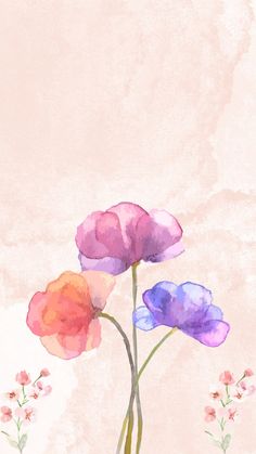 three colorful flowers are in a vase on a pink and beige background with watercolor stains