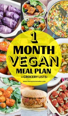 a collage of vegan meals with the words 1 month vegan meal plan