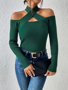 Moda Shein, Outfit Elegante, Green Jumper, Green Jumpers, Ribbed Knit Sweater, Sleek Fashion, Deep Green