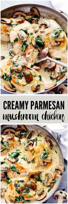 creamy parmesan mushroom chicken in a skillet