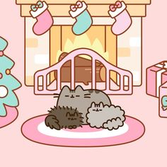 a cartoon cat is sleeping on the floor in front of a christmas tree and fireplace