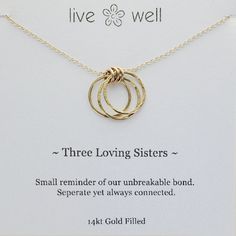 Three Loving Sisters Gold Necklace By Live Well Hammered Charm Necklaces For Gift, Sisters Necklace, Sister Jewelry, Sister Necklace, Close Relationship, Clay Bracelet, Gold Filled Hoops, Three Sisters, Meaningful Jewelry