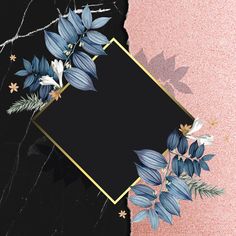 a black and gold frame with blue flowers on a pink background, surrounded by greenery