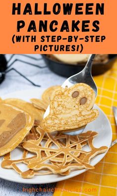 pancakes on a white plate with a heart shaped cookie cut in half and the words, halloween pancakes with step - by - step pictures