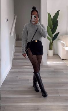 Fall Winter Going Out Outfits, Combat Knee High Boots Outfit, Fall Leather Skirt Outfits With Boots, Outfit Ideas For Knee High Boots, Leather Skirt With Tights Outfit, Short Black Skirt With Tights Outfit, Thigh High Socks Outfit Fall, Skirt And Boots Winter Outfit, Winter Skirt Outfits With Boots