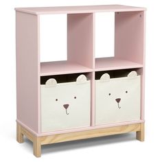 a pink and white cubby with two bears on it