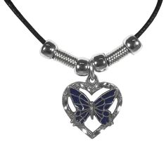 "The fully cast metal pendant is a beautifully carved ornate heart with a purple butterfly at the centre. The pendant comes on a 28\" adjustable cord necklace with beaded accents. Weight: 0.02 lbs. Width: 4.00 in. Length: 2.00 in. Height: 0.20 in." Adjustable Metal Heart Pendant Charm Necklace, Adjustable Butterfly Jewelry Nickel Free, Adjustable Heart Pendant Charm Jewelry, Adjustable Nickel-free Butterfly Jewelry, Adjustable Butterfly-shaped Nickel-free Jewelry, Adjustable Heart Pendant Jewelry With Charms, Adjustable Silver Butterfly Pendant Necklace, Silver Adjustable Butterfly Pendant Necklace, Heart-shaped Adjustable Cord Jewelry