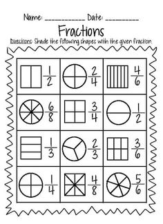 fraction worksheet with numbers and fractions on the same sheet for students to color