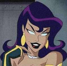 an animated image of a woman with purple hair and blue eyes, wearing gold earrings