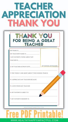 a teacher appreciation thank card with a pencil