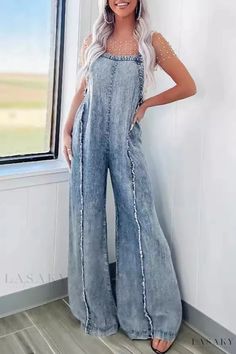 Lasaky - Contemporary Solid Patchwork Denim Jumpsuit with Square Collar and Backless Design Denim Jumpsuits, Jumpsuit Fitted, Sleeveless Suit, White Jumpsuit, Denim Style, Casual Jumpsuit, Denim Patchwork, Denim Overalls, Romper With Skirt