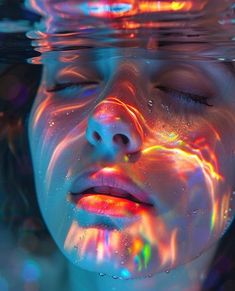 a woman's face is reflected in the water with bright lights on her skin