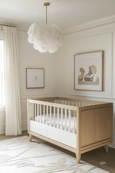 Elegant neutral nursery featuring light wood crib, white walls, and soft decor. Perfect for cozy nursery ideas and gender-neutral design inspiration. Bold Nursery, Minimal Nursery, Contemporary Nursery