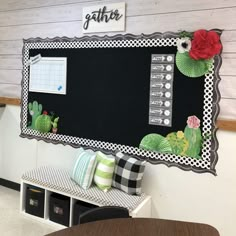 a chalkboard with flowers and cactus on it in the middle of a classroom setting