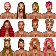 six different types of hair for females with pink, green and red colors on their heads