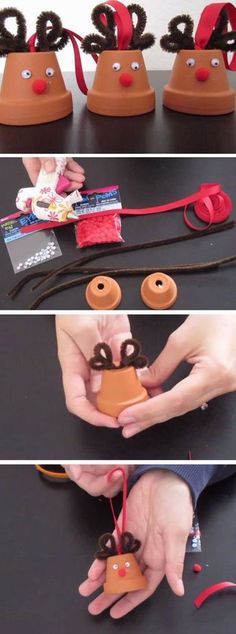 the instructions for making reindeer ornaments are shown in three different pictures, one is made out of