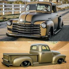 an old truck is shown in two different pictures, one has gold paint and the other black