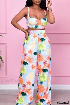 Olivia Mark - Elegant Green Two-Piece Patchwork Set with Charming Vacation Design Wide Legged Pants, Green Two Piece, Two Piece Set Pants, Floral Two Piece, Two Piece Pants Set, Top And Pants Set, Trendy Fashion Outfits, Hawaiian Style, Floral Pants