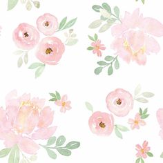 watercolor pink flowers with green leaves and buds on a white background for wallpaper