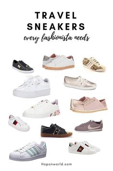 Are you looking for comfy and stylish travel sneakers without worrying how it pairs with your insta-ready outfit? We set out 16 pairs of gorgeous travel sneakers for every kind of traveller. Whether you're a glitzy gal, a posh babe or even if you like to keep things simple - we've got you covered. Find the perfect pair or travel sneakers to fit your style and budget in this guide. #travel #walkingshoes #shoesfortravel #comfyshoes #sneakers #travelsneakers Europe Essentials, Comfy Tennis Shoes, Comfy Travel Shoes, Shoes For Travel, Taipei Travel, Travel Accesories, Travel Wisdom, Sneaker Displays, Travel Sneakers