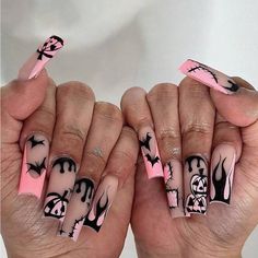 Super Cute And Stylish Ships In 5-10 Business Days Pink And Black Spooky Nails, China Nails, Halloween Press On Nails, Anime Nails, Style Français, Long Acrylic, Nail Forms, Halloween Inspo