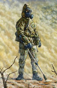 a painting of a man with a gas mask and holding a broom in his hand