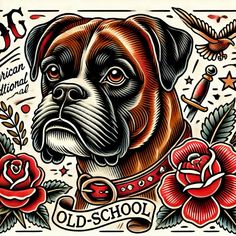 an old school tattoo design with a dog on it's chest and roses around the neck