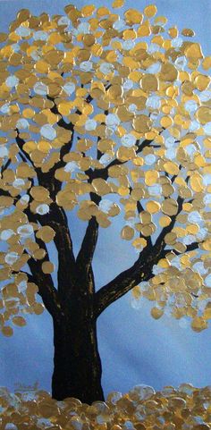 a painting of a tree with lots of gold coins on it's branches and the sky in the background