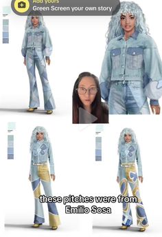 an animated image of a woman with long hair and glasses, wearing blue denims